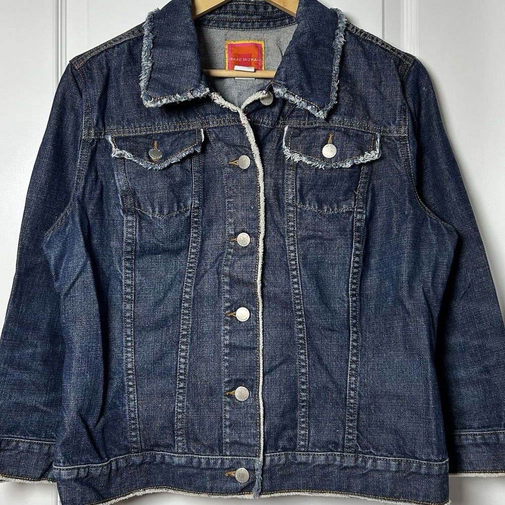 Isaac‎ Mizrahi for Target Vintage Y2K Frayed Trim Dark Wash Denim Trucker Jacket